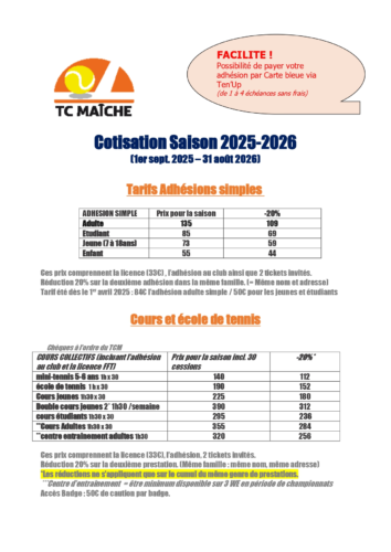 Tarifs 2025-2026