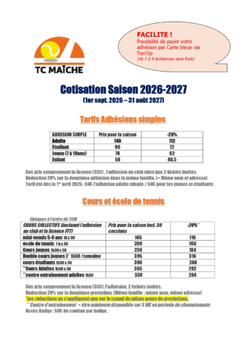Tarifs 2026-2027